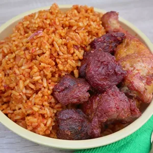 Jollof rice with fried meat of choice